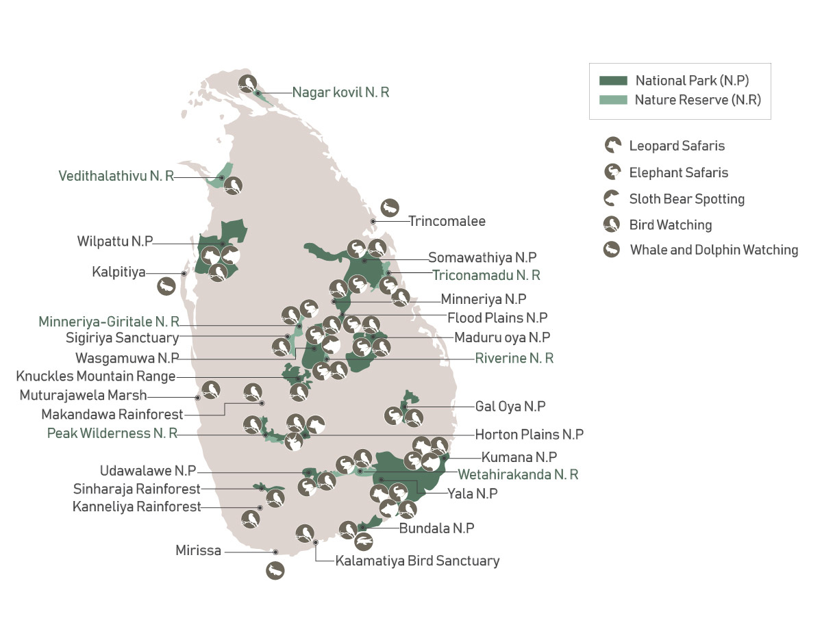 Mapa de los parques nacionales de Sri Lanka